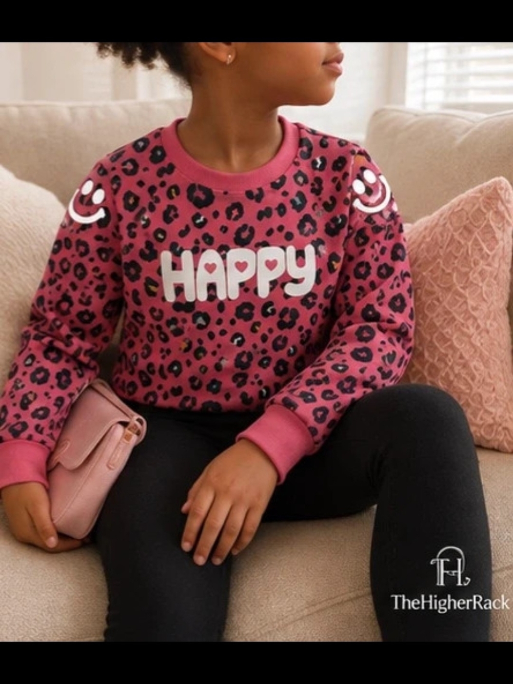 Girls' Pink Leopard Print 'HAPPY' Sweater